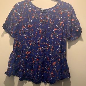MADEWELL short sleeve ruffle floral top navy red green & white
